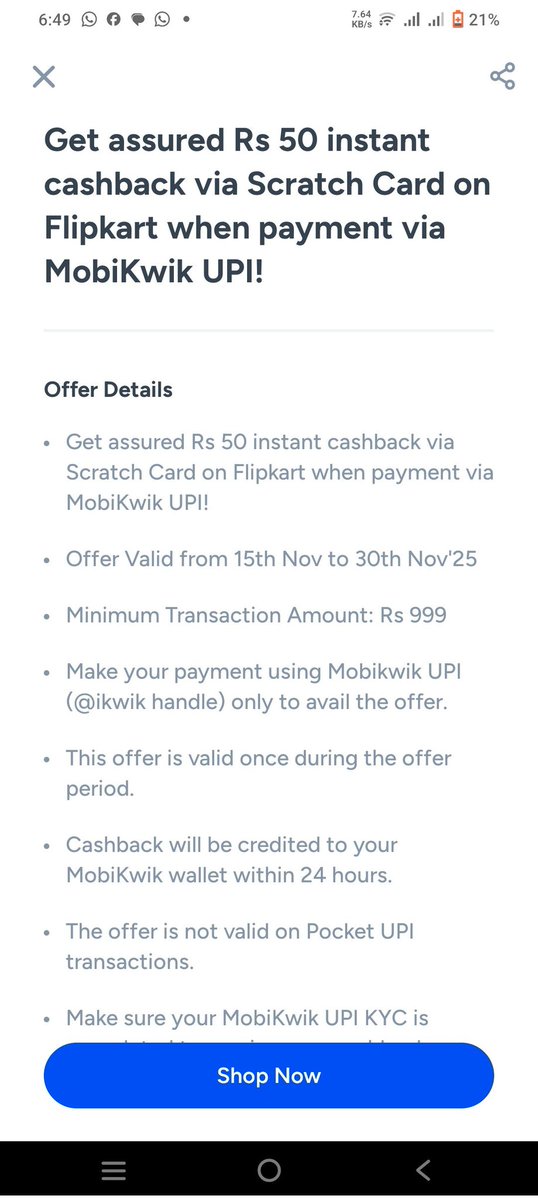 UltimateDeall's tweet image. 🔥 Flipkart X MobiKwik UPI Offer 🔥
Pay your ₹1000+ Credit Card Bill on Flipkart using MobiKwik UPI &amp;amp; get ₹50 assured cashback via scratch card! 🎉
(Valid only when paid via MobiKwik-linked bank account)
Easy loot, don’t miss! 💥
#Flipkart #MobiKwik #Cashback #Offers #ccgeek