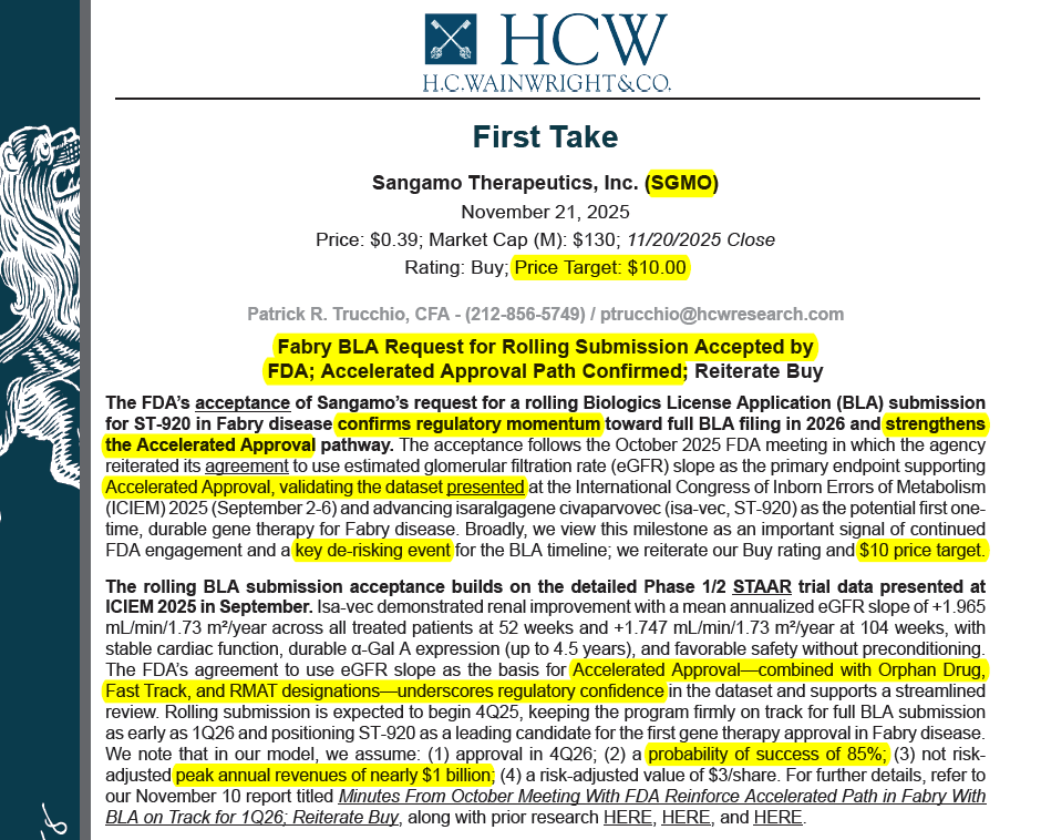 BiotechAnalysst's tweet photo. $SGMO PT $10
Fabry BLA Request for Rolling Submission #Accepted by
FDA; #Accelerated #Approval Path #Confirmed
this #milestone important signal of continued
FDA engagement + #key #derisking event"
Orphan Drug,
Fast Track,
RMAT designations
underscores #regulatory #confidence https://t.co/WNsdGhFlRi