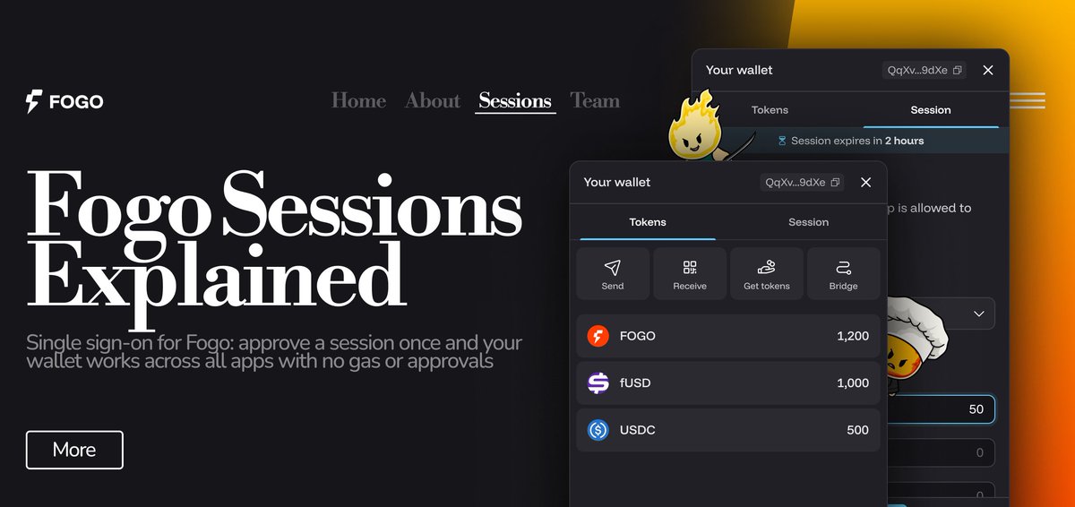 Fogo Sessions Explained

Connect your wallet once with <a href="/fogo/">Fogo</a>  Sessions, approve a session, and interact across all Fogo apps with zero friction

Fogo Sessions is a single sign-on system for the Fogo ecosystem, enabling seamless wallet access with no gas fees or repeated approvals