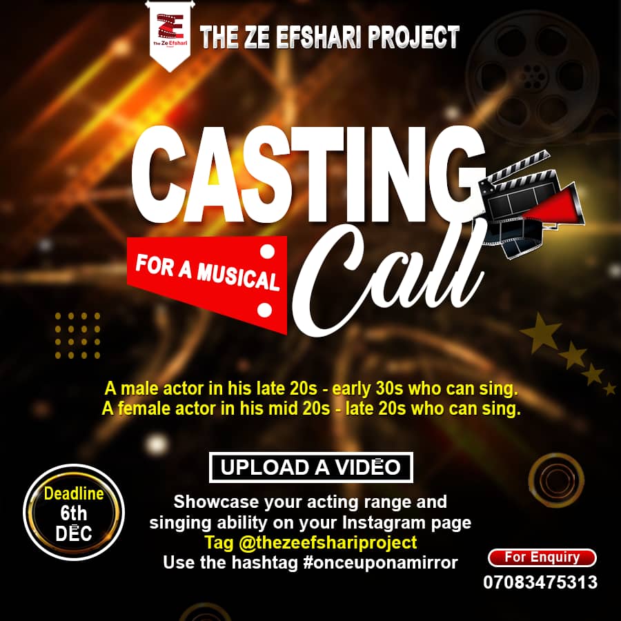 zeefshari's tweet photo. Casting Call for a short musical drama 

1. On Instagram, upload a video that shows your acting range and singing ability. 
2. Tag @thezeefshariproject
3. Use the hashtag #onceuponamirror

This is open to current and intending members of The Ze Efshari Project community. https://t.co/I2ma5kgc66