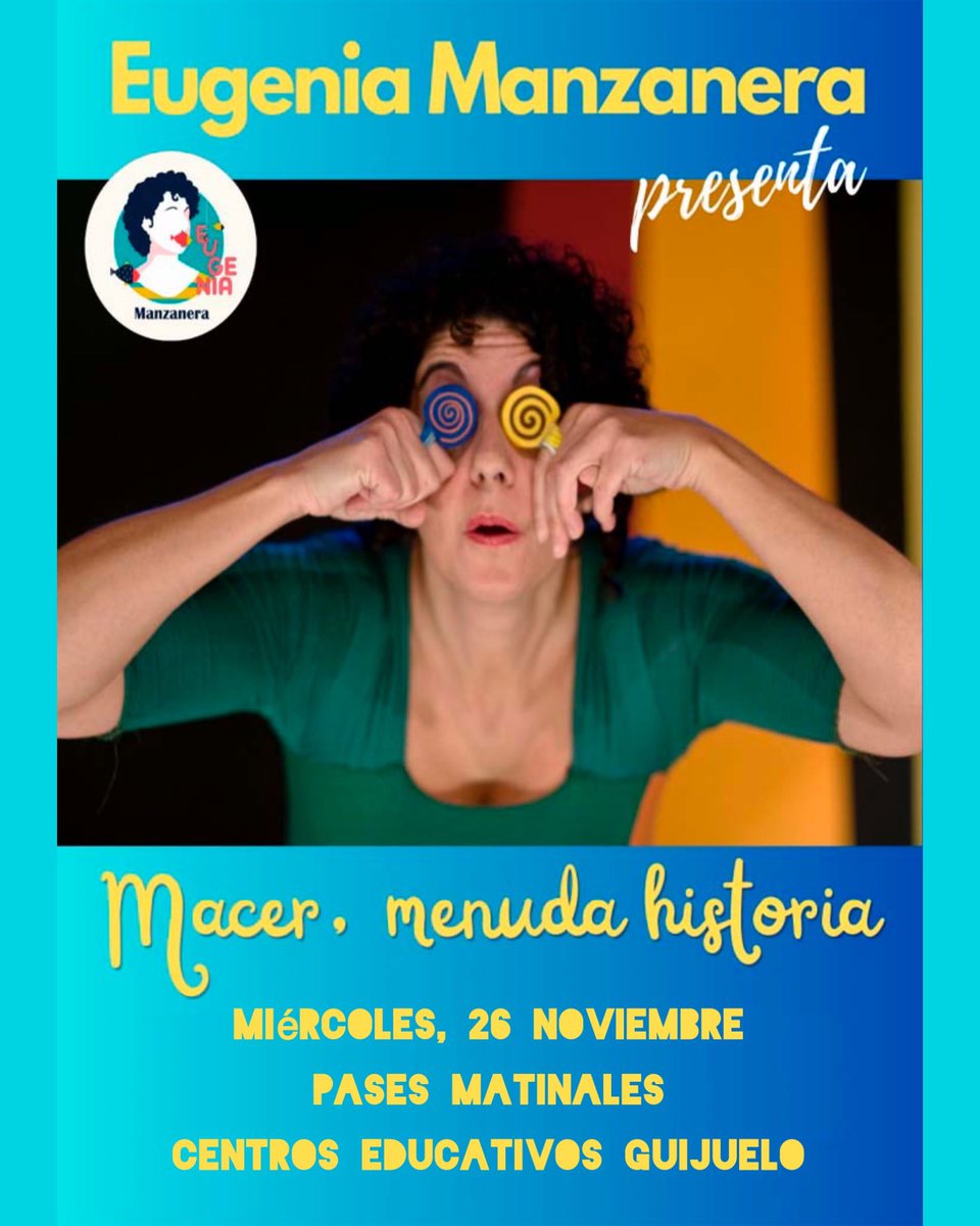 📅 Miércoles 26 de noviembre
🎭 En el Centro Cultural: “Nacer, menuda historia”, de Eugenia Manzanera.
👶 Dos pases para la primera infancia de los Centros Educativos de Guijuelo.
🎭 Actividad del V Festival Familiar Provincia a Escena.

#Teatro #ProvinciaAEscena #CentroCultural
