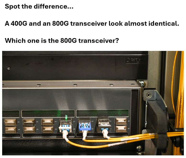 thking's tweet photo. Spot the difference...

It's a trick question. 😜

A 400G and an 800G transceiver look almost identical. But one has double the transmission power. 

We love things that pack a punch, which is why we are thrilled to announce a global first at @DECIX Frankfurt! We’ve successfully connected Deutsche Glasfaser Unternehmensgruppe using a single 800 Gigabit Ethernet port.

This milestone is powered by our partners at @Nokia and their 800G ZR+ optics, pushing a massive 800 Gbps on a single wavelength.

The result? 📈 Doubled bandwidth 💡 Higher efficiency 🌍 Lower energy consumption 🔧 Simplified network design

And the kicker? Thanks to end-to-end automation, we provisioned the whole setup (router, optics, and port) in just a few hours. 🤯

Together with @Nokia, we're setting a new benchmark for Interconnection-as-a-Service. The future of networking is here, and it's deceptively powerful.

#800G #DECIX #Interconnection #Nokia #DeutscheGlasfaser #TechMilestone #Networking #Innovation #Automation