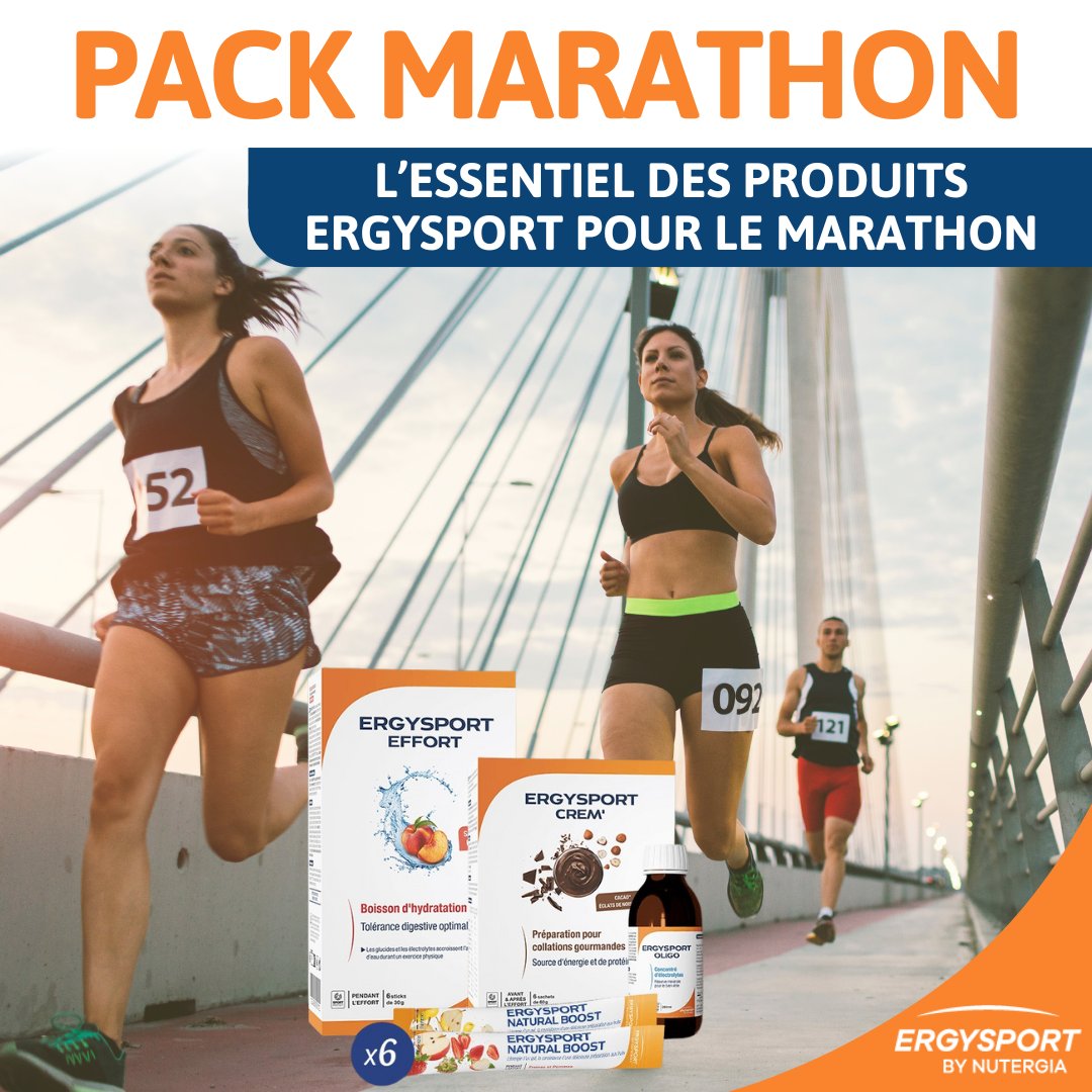 Le Pack Marathon : Conçu avec notre diététicien du sport pour chaque étape de la course 🏃‍♀️

Avant : OLIGO, CREM’, EFFORT pour préparer énergie et minéraux 💪

Pendant : EFFORT et NATURAL BOOST pour hydrater et performer 🏅

Je relève le défi du marathon :
ergysport.com/fr/fr/nos-prod…