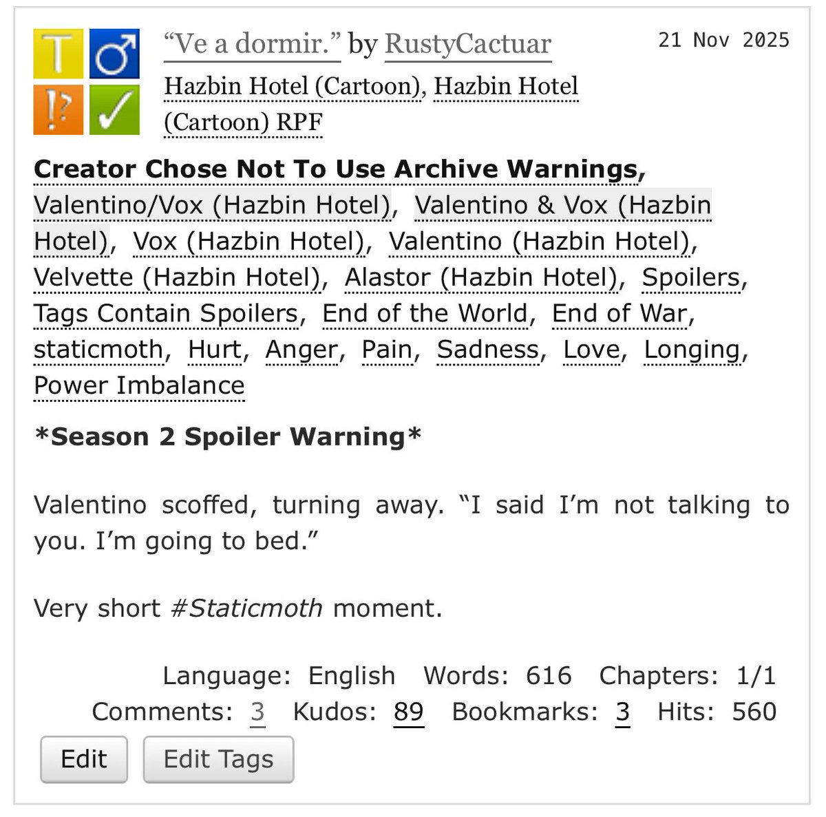 So I wrote a silly little #staticmoth fanfic and less then 24 hours I have 89 kudos, the most I’ve ever had. I’m so shocked that people seem to have liked my silly little fic - waking up to this before my night shift fills me with such joy 😭 

archiveofourown.org/works/74529061
