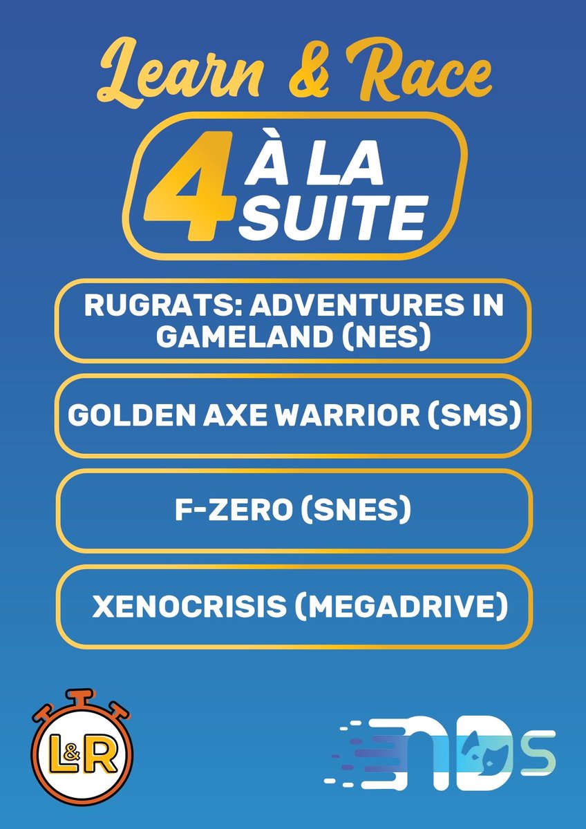 Les inscriptions pour la L&amp;R 4 à la suite sont toujours ouvertes pour cette émission qui se déroulera lors du Nitro Days for SPDA ! 

Quatre jeux, quatre speedrun à apprendre (jusqu'à un certain point), et une race finale le vendredi 12 à 21H !
discord.com/invite/Ur8tpGX…