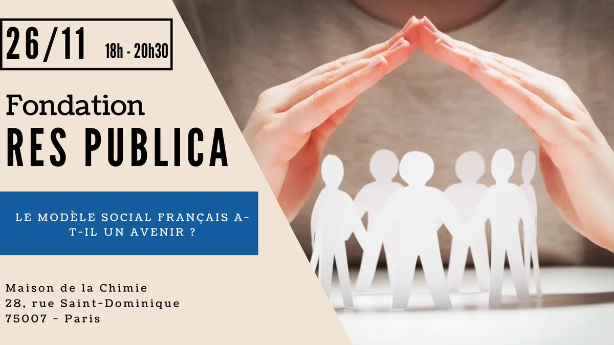 Le prochain colloque de la <a href="/fondarespublica/">Fondation ResPublica</a> sur l’avenir de notre modèle social aura lieu ce mercredi. Avec <a href="/PatrickArtus/">Patrick Artus</a>, <a href="/bpetitjean/">Baptiste Petitjean</a>, <a href="/JLeFlochImad/">Joachim Le Floch-Imad</a> et Tristan Claret-Trentelivres ! Inscriptions:
- par mail : gbenjelloun@fondation-res-publica.org
- par téléphone : 01.45.50.39.50