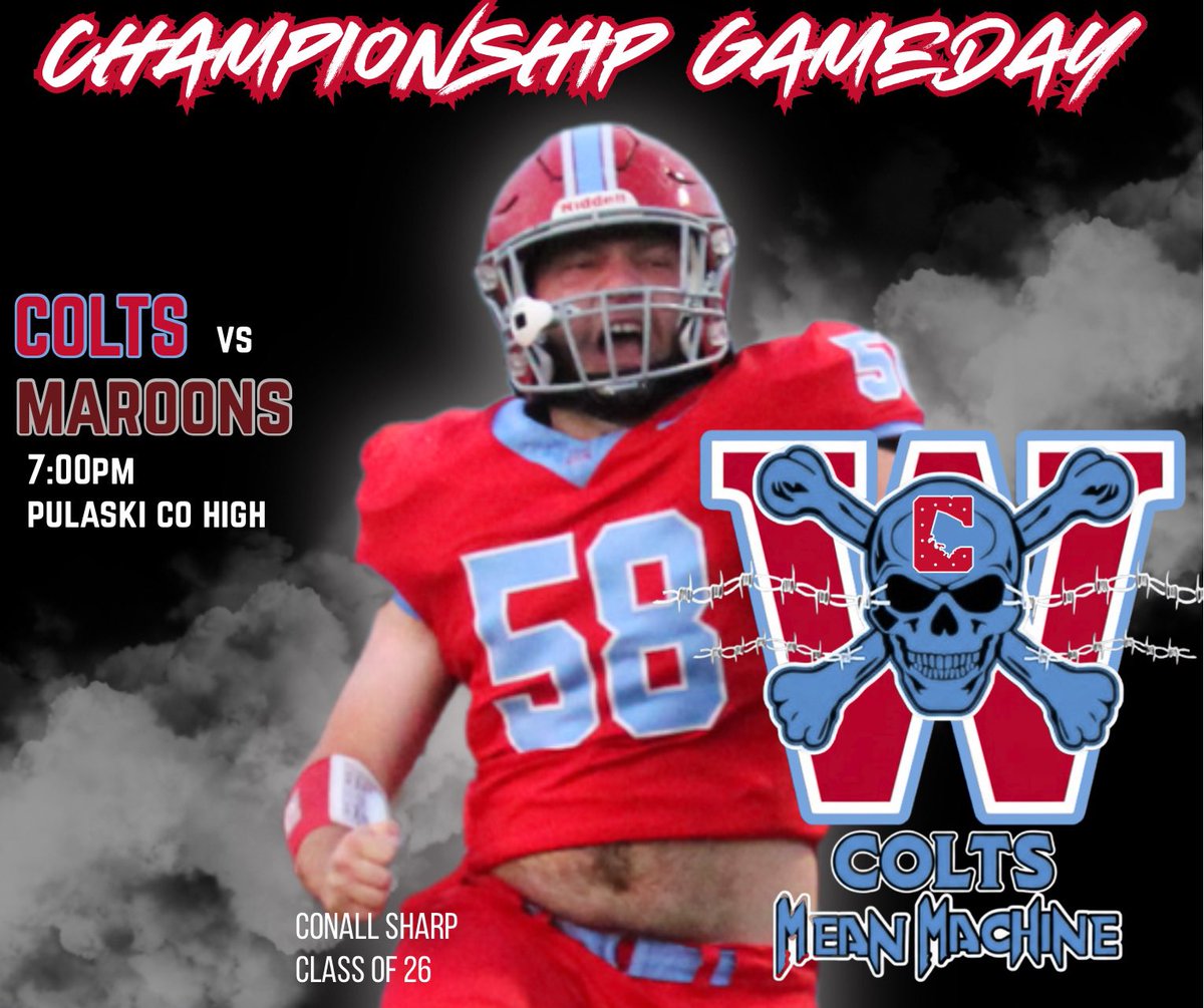 WJCOLTSFootball's tweet photo. Colts Championship Gameday—kickoff at 7pm at Pulaski County High. Huge game with a ton on the line. Time to pin back your ears and get mean!!#MeanMachine #ForTheCounty #ColtPride. https://t.co/Mk6fmnRXNf