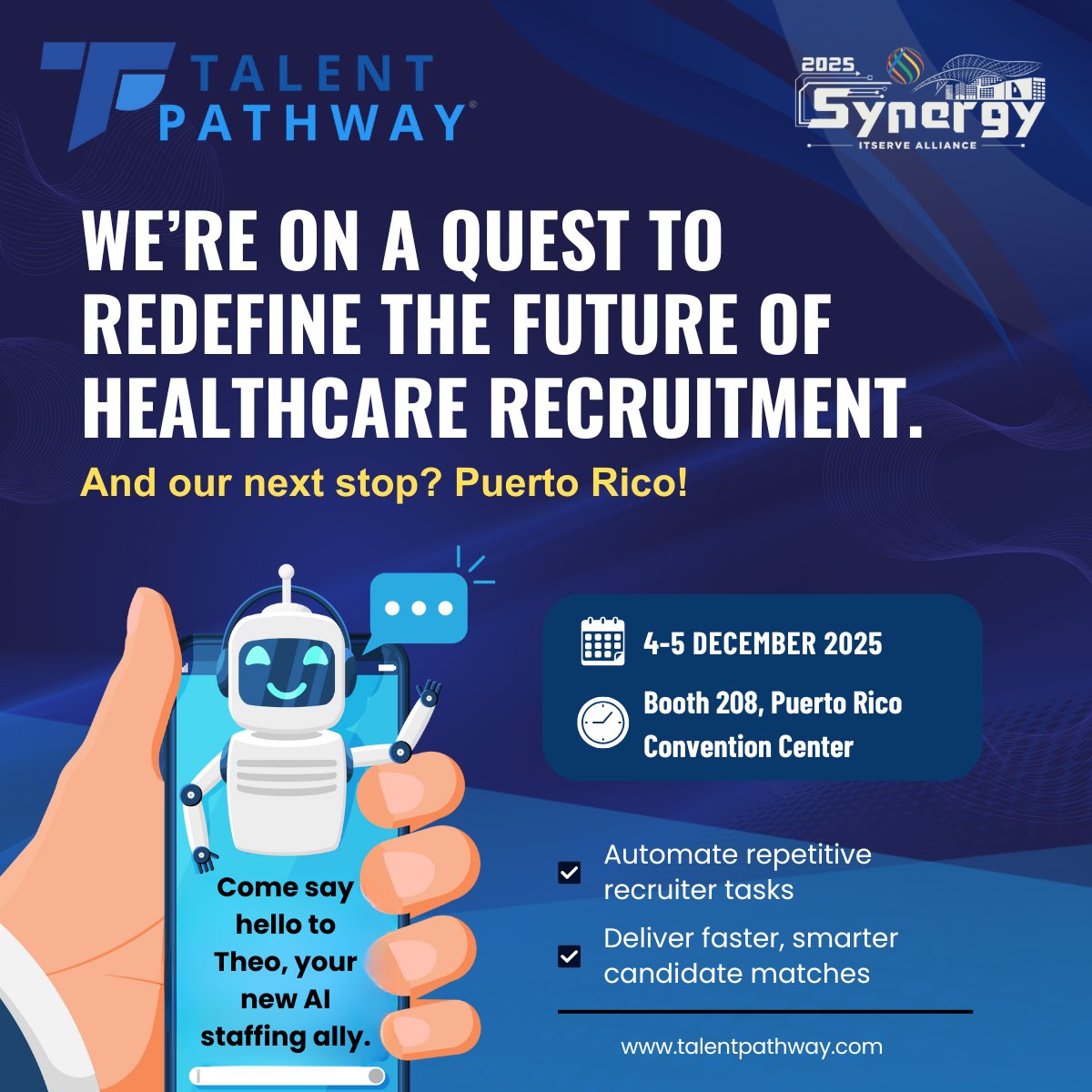 TalentPathwayUS's tweet image. SIA was a success, and we’re not slowing down.
We’re taking that momentum straight to ITServe Synergy — ready to showcase what’s next with Talent Pathway and our AI assistant, Theo.
Puerto Rico, we’re coming!

#SIA2025 #Synergy2025 #TalentPathway #StaffingTech #AIinRecruitment
