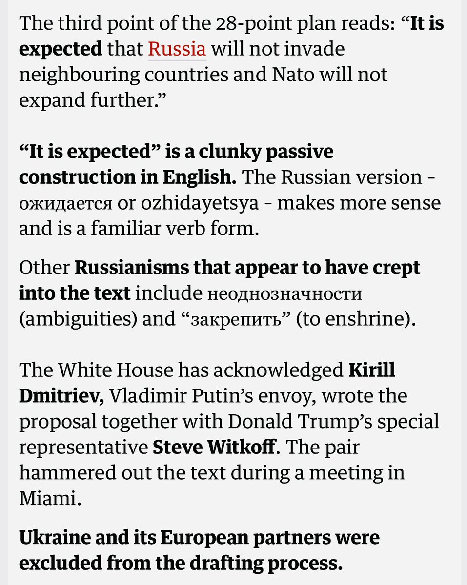 More evidence that the Trump/Witkoff “peace plan” for Ukraine came straight from the Russians - it uses Russian syntax. theguardian.com/world/live/202…