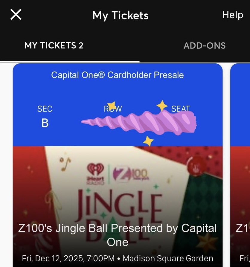 BonRamby's tweet photo. Wts (2x) Capital One® Cardholder Presale tickets 🎫 Z100's Jingle Ball Presented by Capital One

🏟️ Madison Square Garden

📍 New York, NY 🇺🇸 

📆 Fri, Dec 12

 Sec: B

Dm for negotiation 

Wtb wts iso 

#jingleballtickets #iheartfestival2025 #iheartjingleball https://t.co/giGVhMmIKC