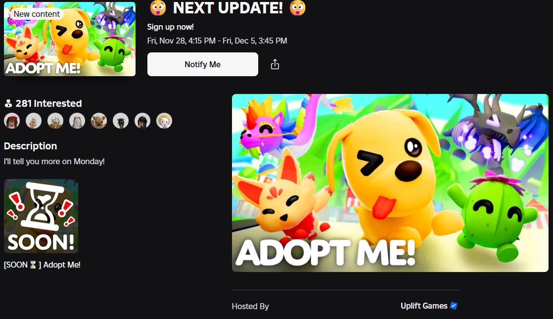 FrostDragoniesO's tweet image. 🐲✨🎄BREAKING!!!!🐲✨🎅ADOPT ME HAVE RELEASED NEXT WEEKS EVENT PAGE WITH THE WORDING &quot;I&apos;ll tell you more on Monday!&quot;🍪✨🎄
COULD WE BE SEEING THE CHRISTMAS MAP ARRIVING WITH THE CHRISTMAS AREA CLOSED AND A ADVEN CALANDER?🎄✨🏰

🏰✨🎄RELEASES:28/11 4PM GMT!🐲✨🎄