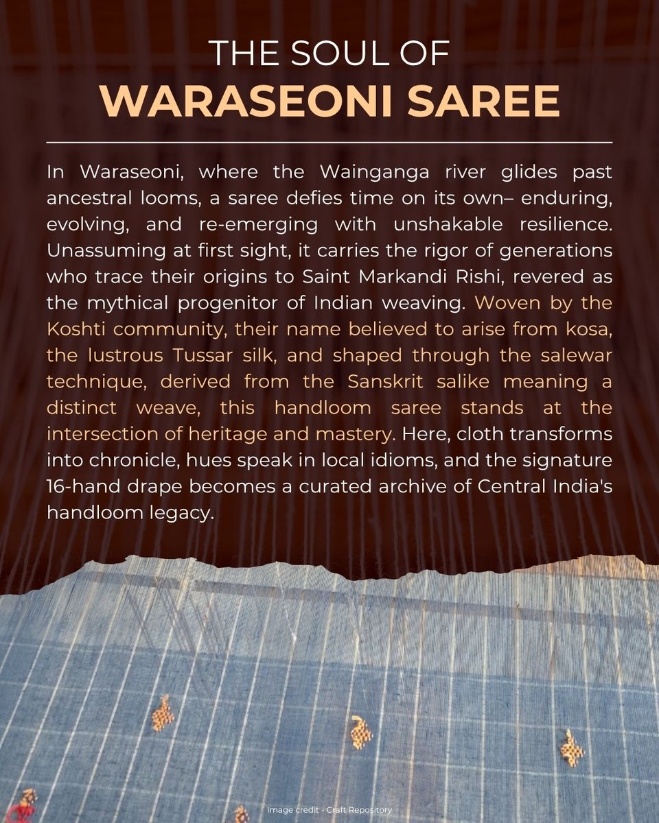 dchandlooms01's tweet image. From the banks of the Wainganga, where looms have inhaled centuries, each shuttle moves like a heartbeat carrying stories too old for ink.
#DChandlooms #MinistryofTextiles #vocalforlocal #swadeshi #waraseoni #madhyapradesh #sarees #gitag #handlooms #textiles #sareedraping #weave