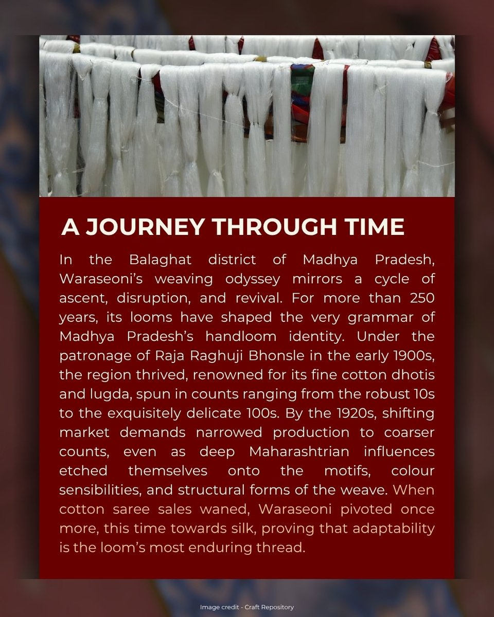 dchandlooms01's tweet image. From the banks of the Wainganga, where looms have inhaled centuries, each shuttle moves like a heartbeat carrying stories too old for ink.
#DChandlooms #MinistryofTextiles #vocalforlocal #swadeshi #waraseoni #madhyapradesh #sarees #gitag #handlooms #textiles #sareedraping #weave