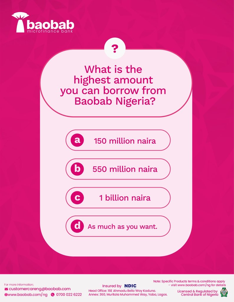 ng_baobab's tweet image. What’s the highest amount you can borrow from Baobab?

Answer our trivia question correctly and win a ShowMax voucher
Drop your answer in the comments below👇 
First 3 correct answers win