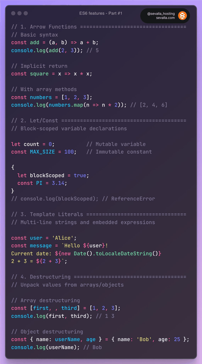 sevalla_hosting's tweet image. JavaScript ES6+ features - part 1