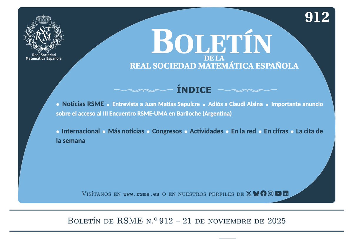 En nuestro Boletín #912 entrevistamos a Juan Matías Sepulcre, presidente del Comité Organizador del próximo Congreso #Bienal de la #RSME Alicante 2026, que nos cuenta los planes y pormenores de la gran cita de las #matematicas españolas. 

rsme.es/wp-content/upl…