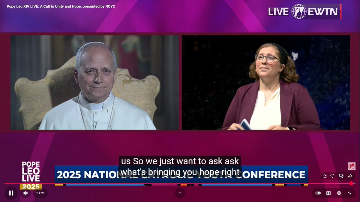 inesanma's tweet image. Closing, @KatiePMcGrady asks @Pontifex what his hope is for the future of the Church. His answer is lengthy, quoting St. Augustine, &quot;one of my favorite people,&quot; and Pope Benedict XVI: &quot;We were not made for comfort; we were made for greatness, we were made for God himself.&quot;