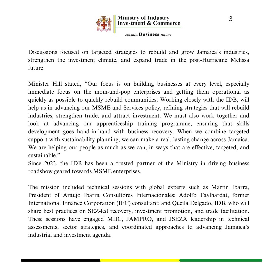 industryminja's tweet image. Jamaica is rebuilding! 

MIIC and the IDB are driving post-Hurricane Melissa recovery—supporting MSMEs, boosting trade &amp;amp; investment, and building economic resilience for a stronger, sustainable future. 

#StrongerJamaica #MSME #JamaicaBusinessMinistry #IndustryMinJa…