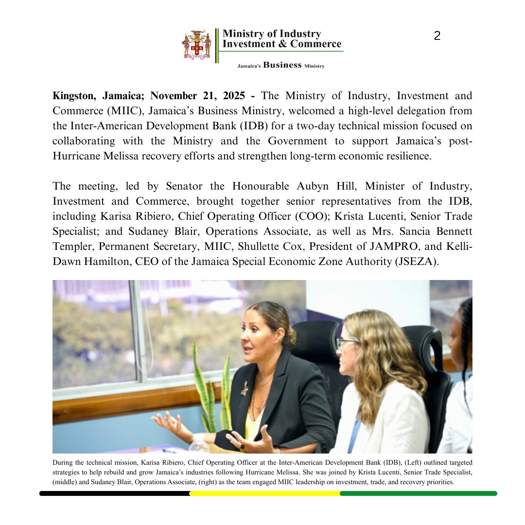 industryminja's tweet image. Jamaica is rebuilding! 

MIIC and the IDB are driving post-Hurricane Melissa recovery—supporting MSMEs, boosting trade &amp;amp; investment, and building economic resilience for a stronger, sustainable future. 

#StrongerJamaica #MSME #JamaicaBusinessMinistry #IndustryMinJa…