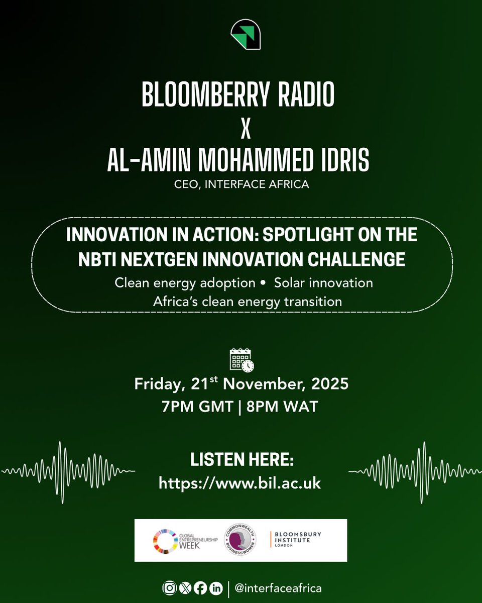 interfaceAF's tweet image. Al-Amin Mohammed Idris joins Bloomberry Radio today for Innovation in Action diving into clean energy, solar innovation, and Africa’s energy transition. 🌍⚡️
7PM GMT | 8PM WAT
Tune in: bil.ac.uk

#InterfaceAfrica #GEW2025 #CleanEnergy #AfricaInnovation