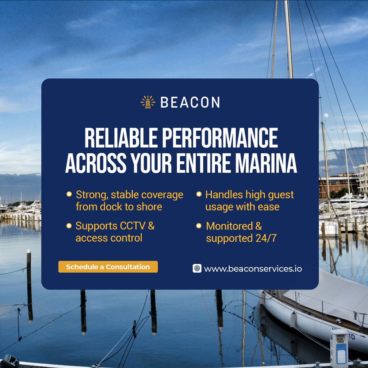 beaconwifi's tweet image. Waterfront properties operate in some of the most challenging environments for technology.

📞 Schedule a consultation
🌐 beaconwifi.com | beaconservices.io

#BeaconServices #BeaconWifi #MarinaWifiSolutions #WaterfrontConnectivity #OutdoorWifiNetwork