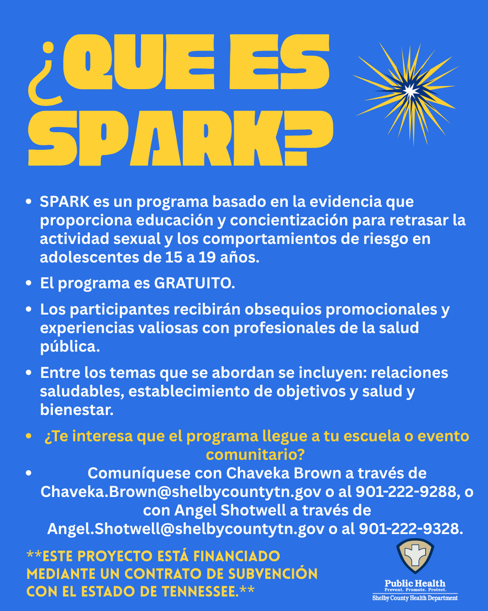 ShelbyTNHealth's tweet image. SPARK is a free program that helps teens build healthy relationships, set goals and make informed choices about their future. Bring SPARK to your school or community event! Spark a conversation with your teen or young adult! #SPARKProgram