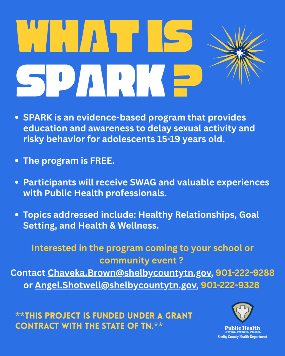 ShelbyTNHealth's tweet image. SPARK is a free program that helps teens build healthy relationships, set goals and make informed choices about their future. Bring SPARK to your school or community event! Spark a conversation with your teen or young adult! #SPARKProgram