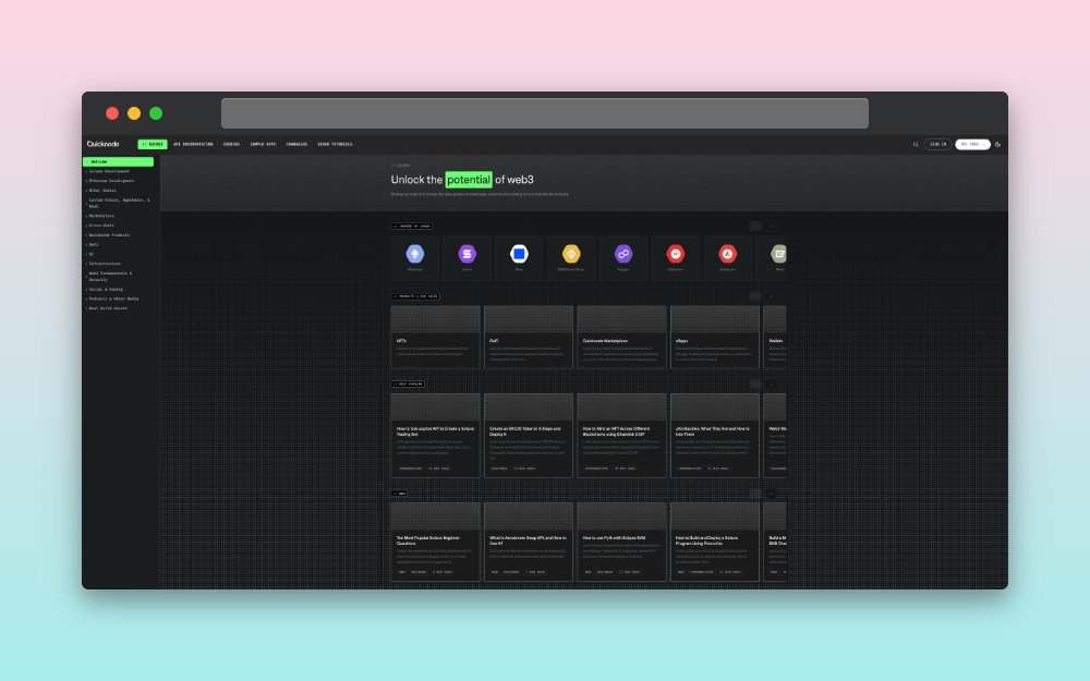 QuickNode's tweet image. Want to build something? We’ve probably already written the guide for it.

Tap into the most comprehensive developer library in Web3:

⚡️ 80+ Chains
📚 400+ Guides &amp;amp; Tutorials
💻 Copy/paste code snippets

The industry standard for builders.

🛠️ Guides: quicknode.com/guides
 📄…