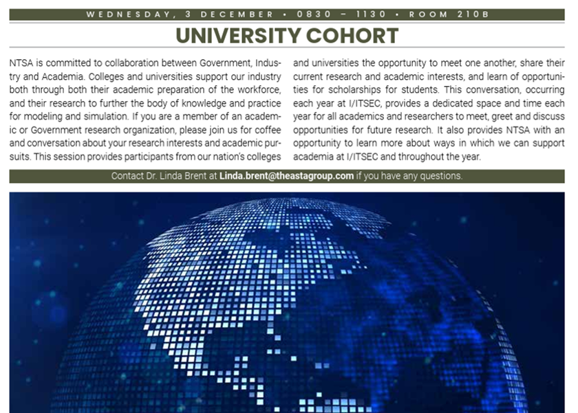 iitsec's tweet image. JOIN THE CONVERSATION: UNIVERSITY COHORT GATHERING! This annual #IITSEC tradition connects leaders from colleges, universities, and research organizations to advance the future of modeling and simulation.