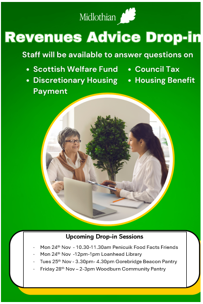 MidLibraries's tweet image. Need advice on Council Tax, Housing Benefit, or the Scottish Welfare Fund?

Come along to a Revenues Advice drop-in session where staff will be able to answer your questions.
Check out the poster below for upcoming November session dates 👇

#Midlothian