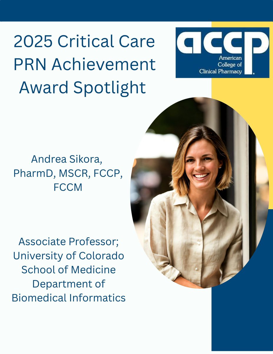 accpcritprn's tweet photo. Today we’re spotlighting this year’s Critical Care PRN Achievement Award recipient, Dr. Andrea Sikora! Learn more about her role, hobbies, and what receiving this award means to her! #critPRN https://t.co/eTuoWNH1aQ