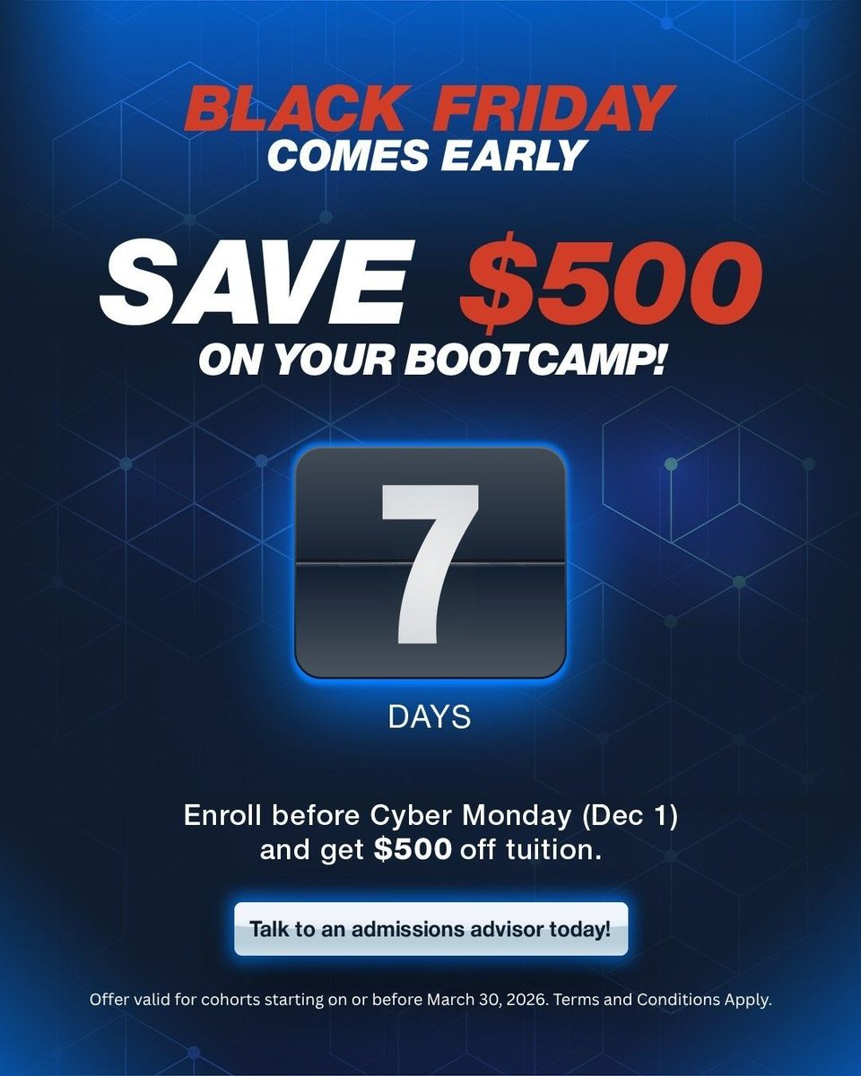 QuickStartIntel's tweet image. Black Friday comes early at QuickStart! 🚀
Save $500 on eligible IT bootcamps now through Black Friday.

Cohorts must start before March 30, 2026.

Don’t wait, Black Friday ends soon!
👉ow.ly/cskj50Xu7q6

#BlackFridayDeals#ITBootcamp #TechCareers #BootcampSale #TechTraining