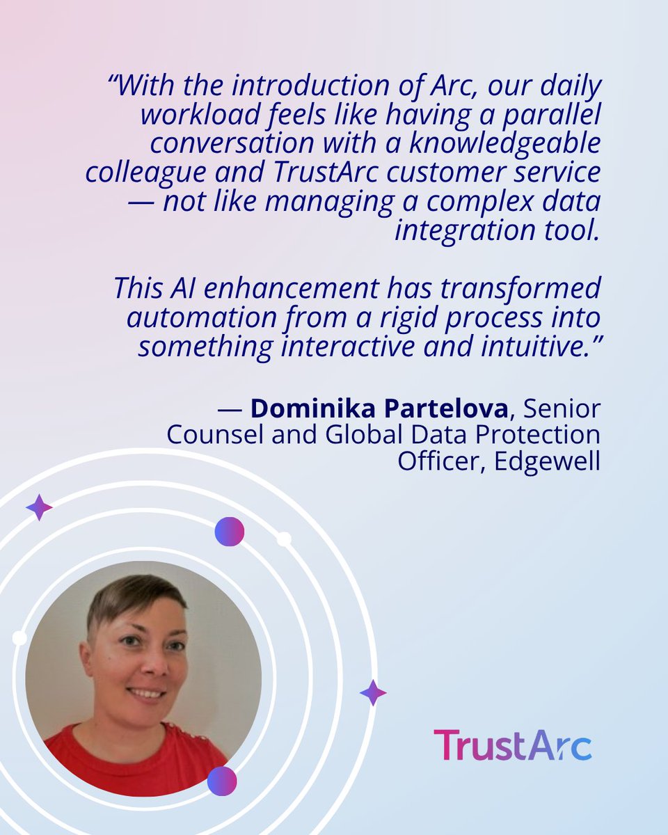 TrustArc's tweet image. Privacy teams are discovering a smarter, more human way to work. Here&apos;s what early customer betas are saying with Arc.

Get notified when Arc is live 👇

#PrivacyTech #PrivacyPlatform #PrivacyOps #PrivacyAI
