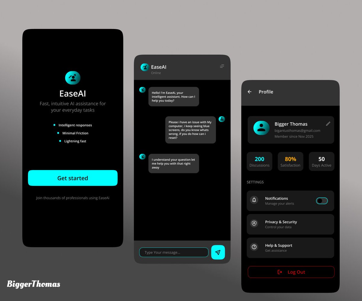 BigAntus's tweet photo. Here’s my entry for this week’s #EaseAI UI/UX challenge.
I redesigned three key screens — Onboarding, Chat, and Profile — focusing on clarity, consistency, and a modern AI-driven experience. Below are my design decisions and thinking behind each screen.

A Thread🧵🧵 https://t.co/WvmHykmMsy