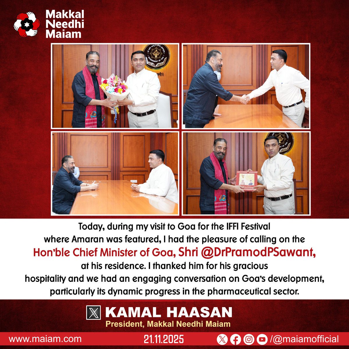 Makkal Needhi Maiam President and Rajya Sabha MP <a href="/ikamalhaasan/">Kamal Haasan</a>, meets Goa Chief Minister <a href="/DrPramodPSawant/">Dr. Pramod Sawant</a> and discusses the State's development.

#KamalHaasan
#KamalHaasan_MP
#MakkalNeedhiMaiam