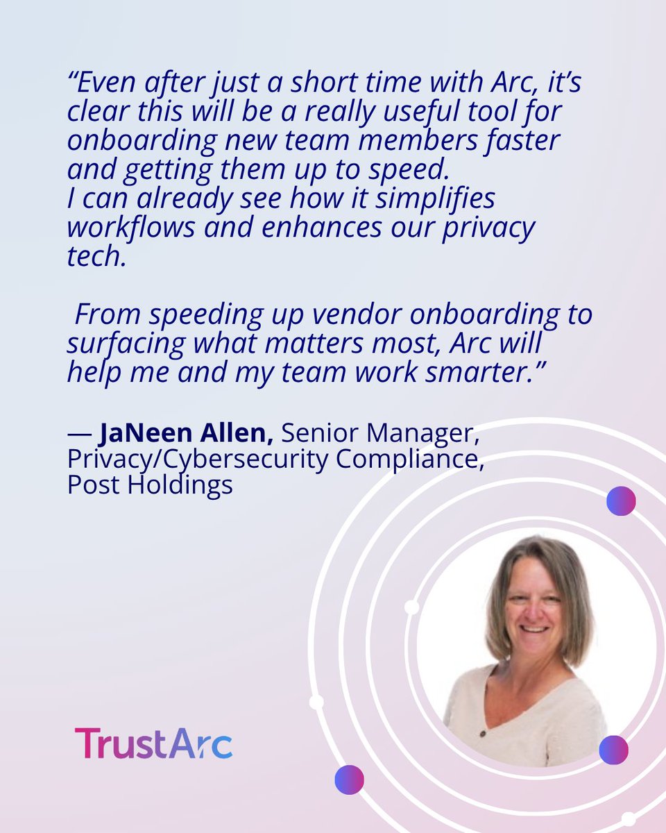 TrustArc's tweet image. Privacy teams are discovering a smarter, more human way to work. Here&apos;s what early customer betas are saying with Arc.

Get notified when Arc is live 👇

#PrivacyTech #PrivacyPlatform #PrivacyOps #PrivacyAI