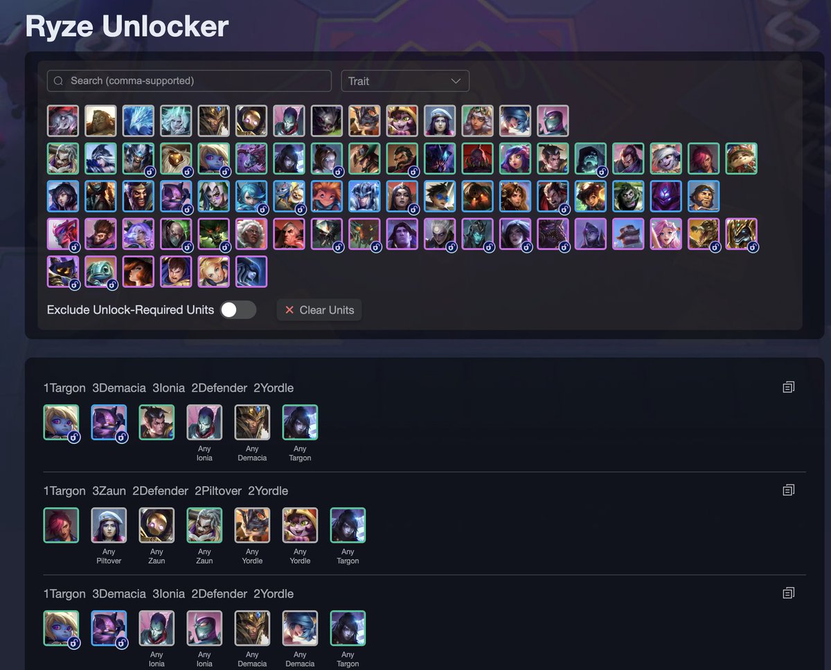 Data_TFT's tweet image. Feature Released——Ryze Unlocker!

This is only the first version of Ryze unlocker. We have plans like making emblem into it too. 

Let me know your thoughts about this!

datatft.com/tracker