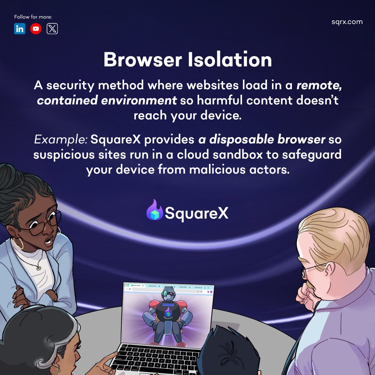 getsquarex's tweet image. A security method where websites load in a remote, contained environment so harmful content never reaches your device. 

#cybersecurity #browsersecurity #onlinesafety #ai #infosec #SquareX