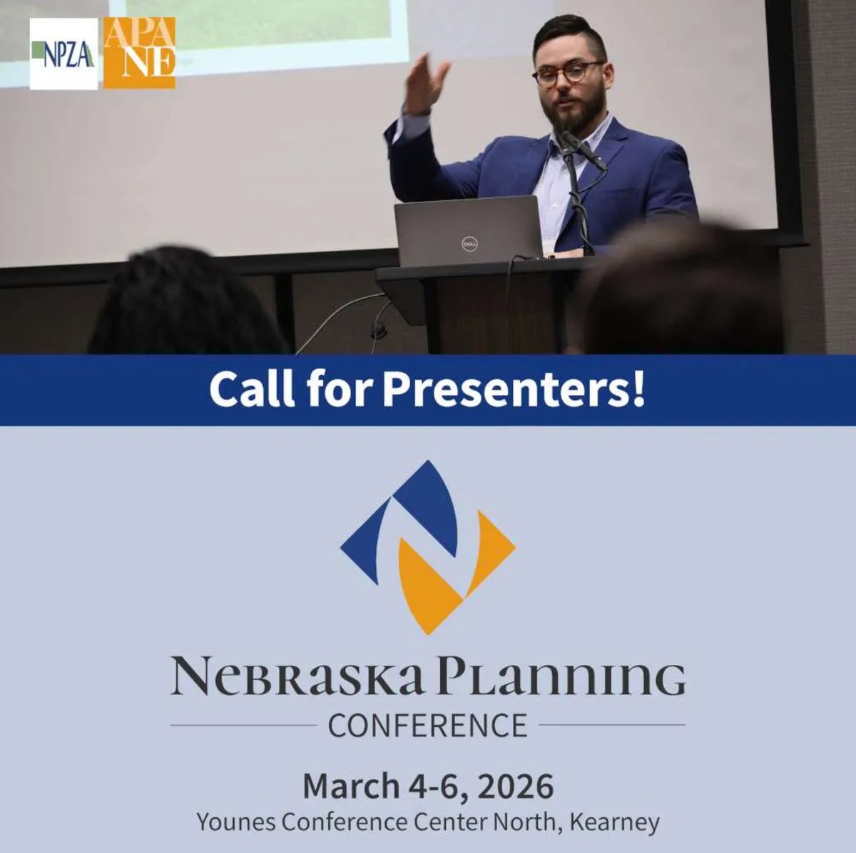 APA_Nebraska's tweet photo. The 2026 Nebraska Planning Conference is looking for presenters to share their expertise during the conference in March! Sessions are usually 45 minutes of presentation with a 15-minute Q&amp;A. Proposals are due November 24. More information can be found here https://t.co/sCz1N9lP1l https://t.co/Qu4CEhG02H