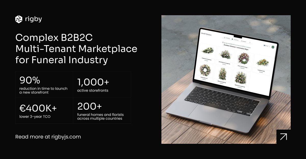 Rigbyjs's tweet image. Rapid Data’s multi-tenant B2B2C funeral marketplace.

✓1,000+ storefronts, launch time reduced by 90%
✓ERP-first architecture connecting 200+ funeral homes and 200+ florists
✓Production-ready MVP in 3 months
✓€400k+ lower 3-year TCO

Discover more → rigbyjs.com/case-studies/r…