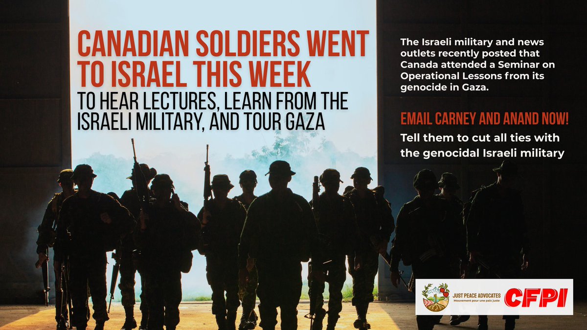 Canadian soldiers are currently participating in IOF seminars on its war crimes in Gaza even reportedly conducting tours in Gaza Envelope. Email <a href="/MarkJCarney/">Mark Carney</a> &amp; <a href="/AnitaAnandMP/">Anita Anand</a> to demand Canada sever all military ties with lawless genocidal apartheid state
tinyurl.com/4za3u893