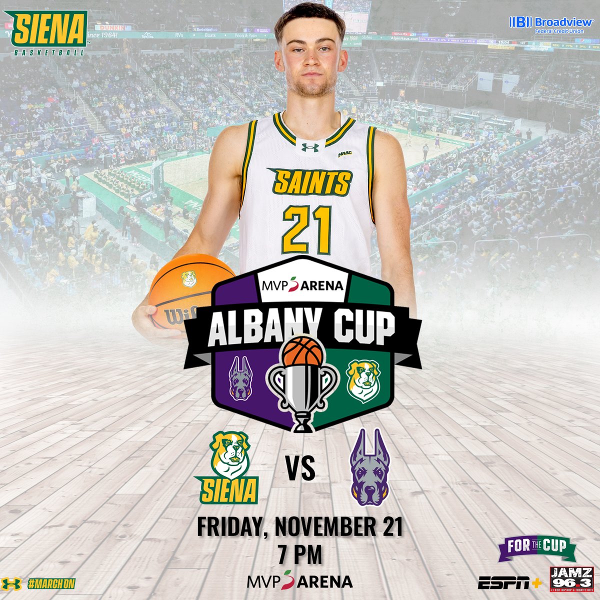 SienaSaints's tweet photo. 🏀🏆 For The Cup

The #AlbanyCup returns to @TheMVPArena TONIGHT when @SienaMBB battles crosstown rival UAlbany at 7⃣PM

🎟️ https://t.co/0kbIwPw1ZU
📰 https://t.co/IdeHHtMBFp

#MarchOn x #SienaSaints x #MAACHoops x #NCAAM