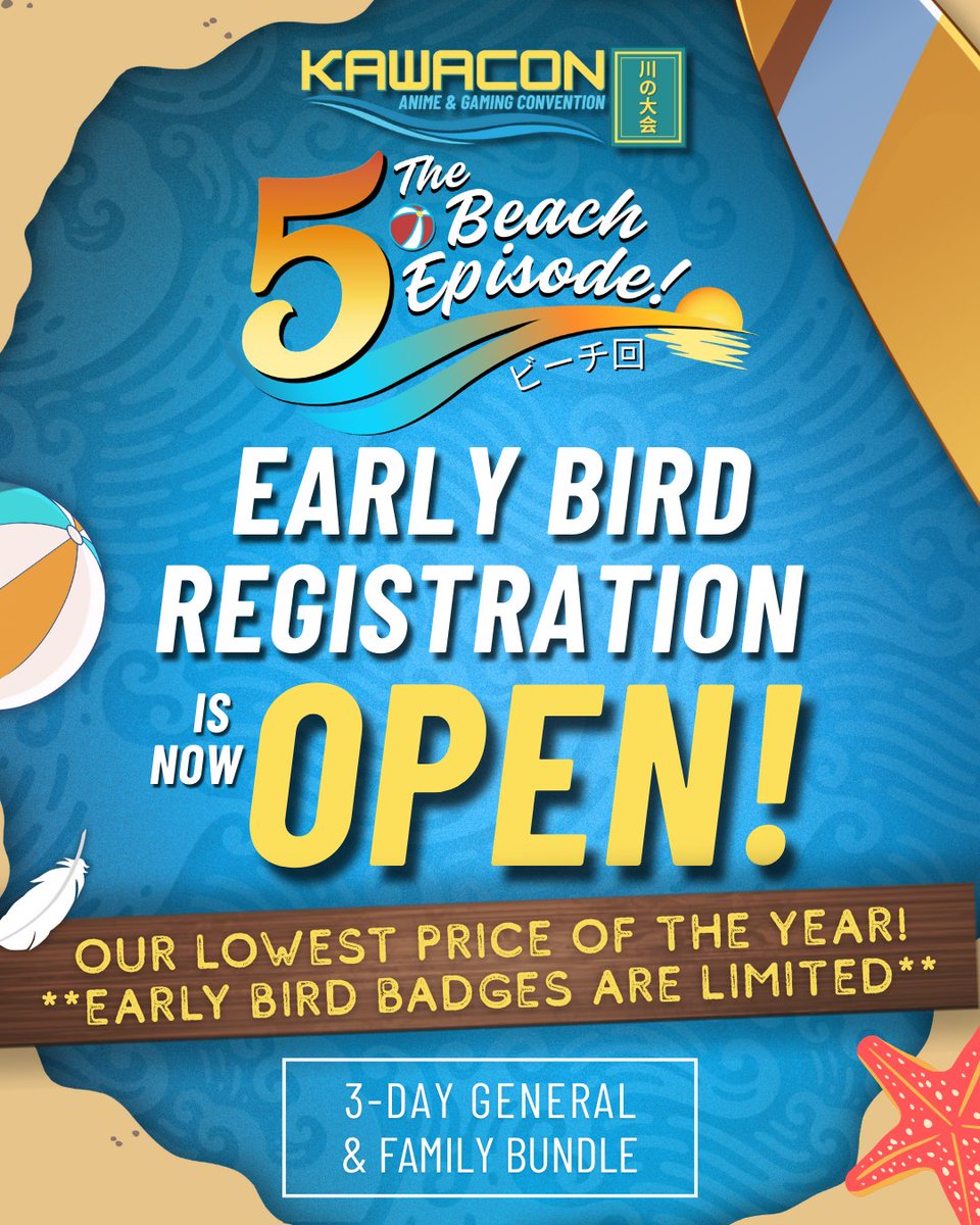 🌊🔥 EARLY BIRD REGISTRATION IS NOW OPEN! 🔥🌊  Join us as we make waves together and create a Kawacon experience we’ll never forget. 🌴🌊✨ This will be our lowest price for registration. Spots are limited! ⏳️
link.kawaconsa.com/kawacon5