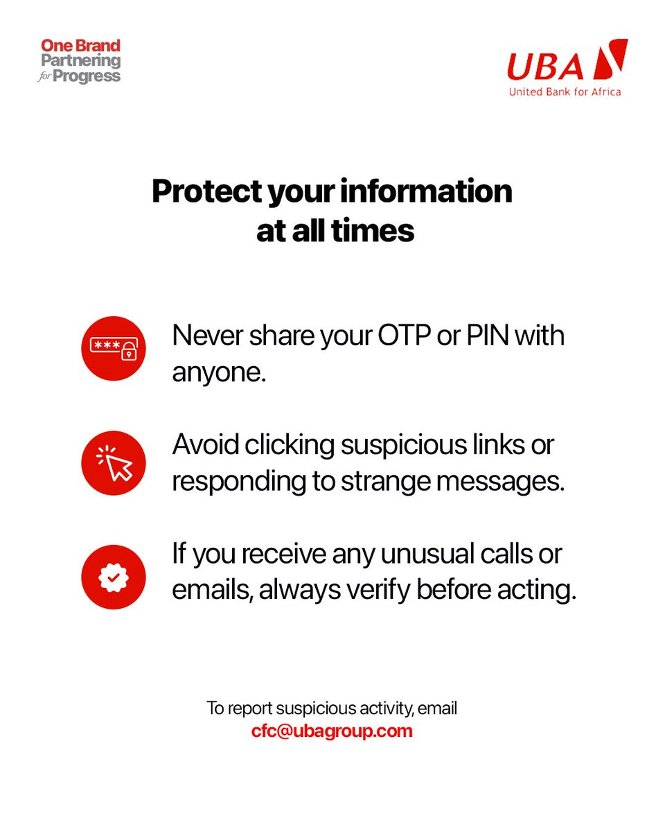 UBAGroup's tweet image. 𝐒𝐭𝐨𝐩. 𝐂𝐡𝐞𝐜𝐤. 𝐏𝐫𝐨𝐭𝐞𝐜𝐭.

It is Fraud Awareness Week 2025, a powerful reminder to stay alert as digital fraud becomes more sophisticated every day.

Protecting your information and your financial wellbeing begins with awareness.

#FraudAwarenessWeek…