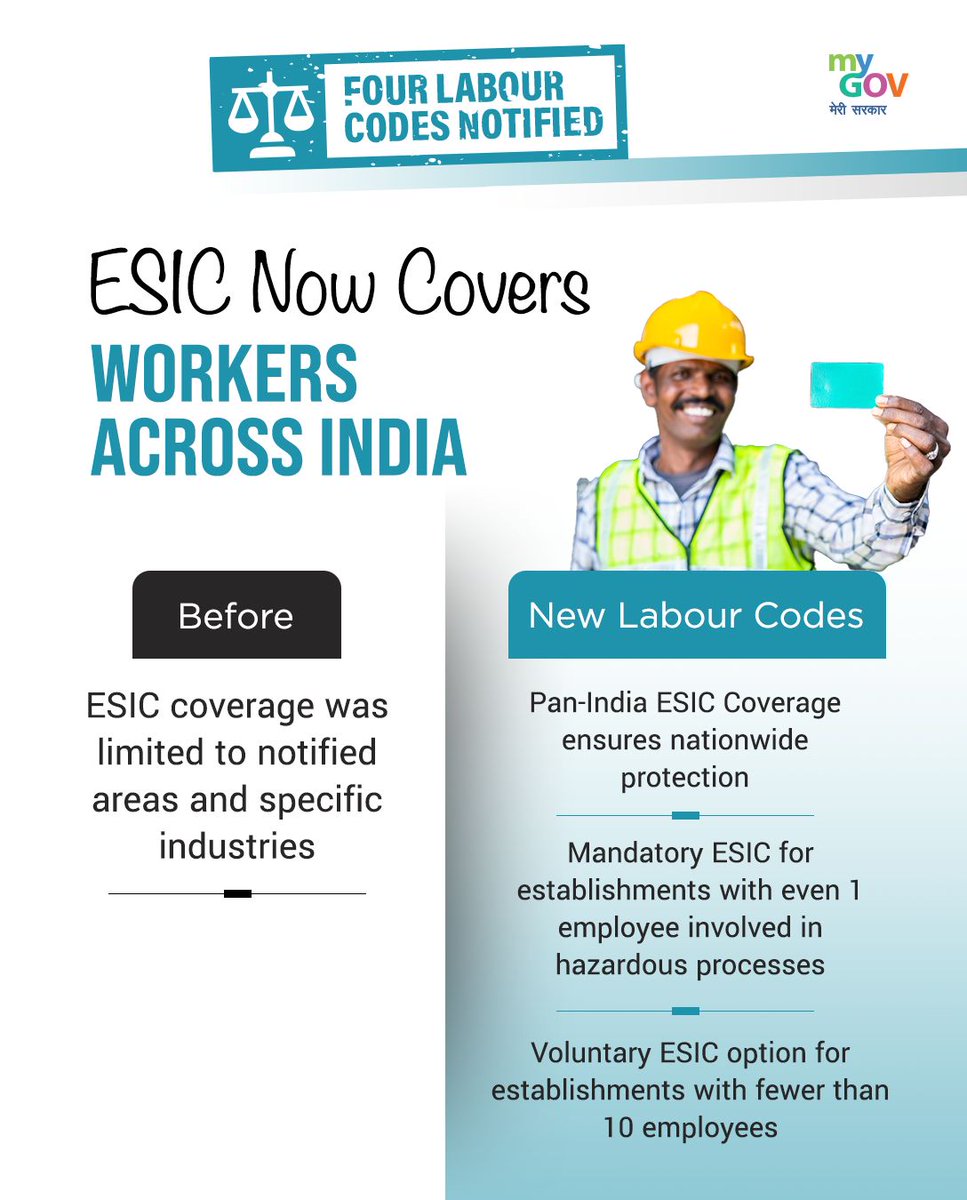 mygovindia's tweet photo. ESIC coverage now extends across India under the New Labour Codes. Earlier, it was limited to select areas and industries. 

The new framework offers nationwide protection with mandatory coverage for hazardous workplaces and voluntary access for smaller establishments, ensuring stronger health security and wider social protection for workers everywhere.

#ShramevJayate