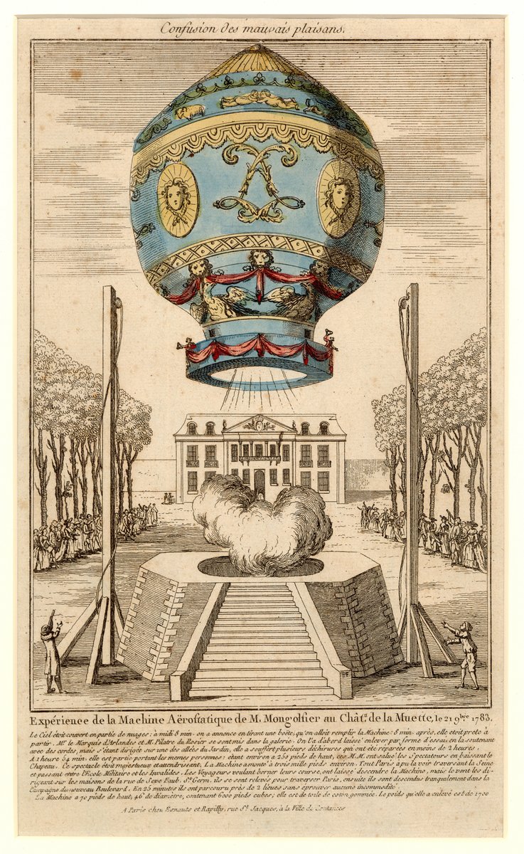 airandspace's tweet photo. On this day in 1783, the first human beings to take to the air in free flight did so aboard a Montgolfier balloon from the garden of the Chateau de la Muette. https://t.co/5SLWoH7RKN