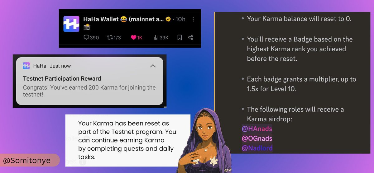 🚨 KARMA SNAPSHOT TAKEN!!

The <a href="/haha_app/">HaHa Wallet 😂 (mainnet arc)</a> Karma reset is officially live🔥

Badges will be given to everyone and will act as multipliers based on the highest Karma rank achieved before the reset... 

Users who will get a Karma Airdrop:
->> Testnet Users
->> HAnads, OGnads &amp;
