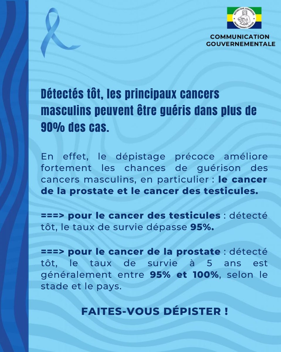 [NOVEMBRE BLEU 2025 – DÉPISTAGE PRÉCOCE : SAUVER DES VIES]  
Un cancer de la prostate ou des testicules détecté tôt augmente vos chances de guérison.  
Un simple contrôle annuel peut faire la différence.  
Messieurs, prenez soin de votre santé : faites-vous dépister.  
#ComGouv