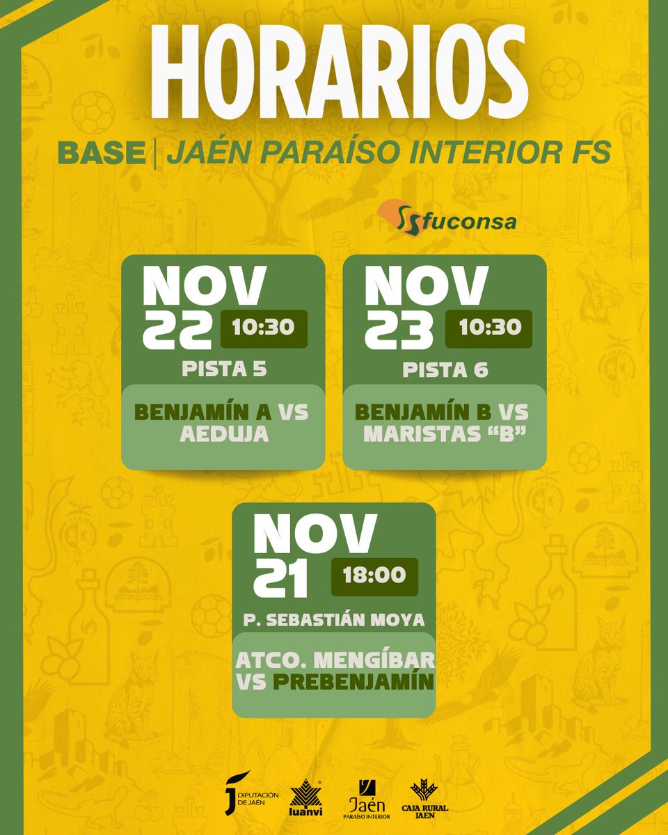 🟡 CATEGORÍAS BASE

1️⃣1️⃣ Partidos fechados para esta semana

🏠 Juvenil <a href="/OroBailen/">Aceites Oro Bailen</a>, Cadete <a href="/masymas_Super/">masymas Supermercados</a>, Infantil Mongar Group, Alevín D <a href="/ORTOPEDIA_LOPEZ/">Ortopedia Técnica López - Sanicor Jaén</a>, Benjamín A y Benjamín Fuconsa <a href="/JaenFS/">Jaén Paraíso Interior FS</a> juegan en casa

#SomosJaén💛 #FuturoAmarillo