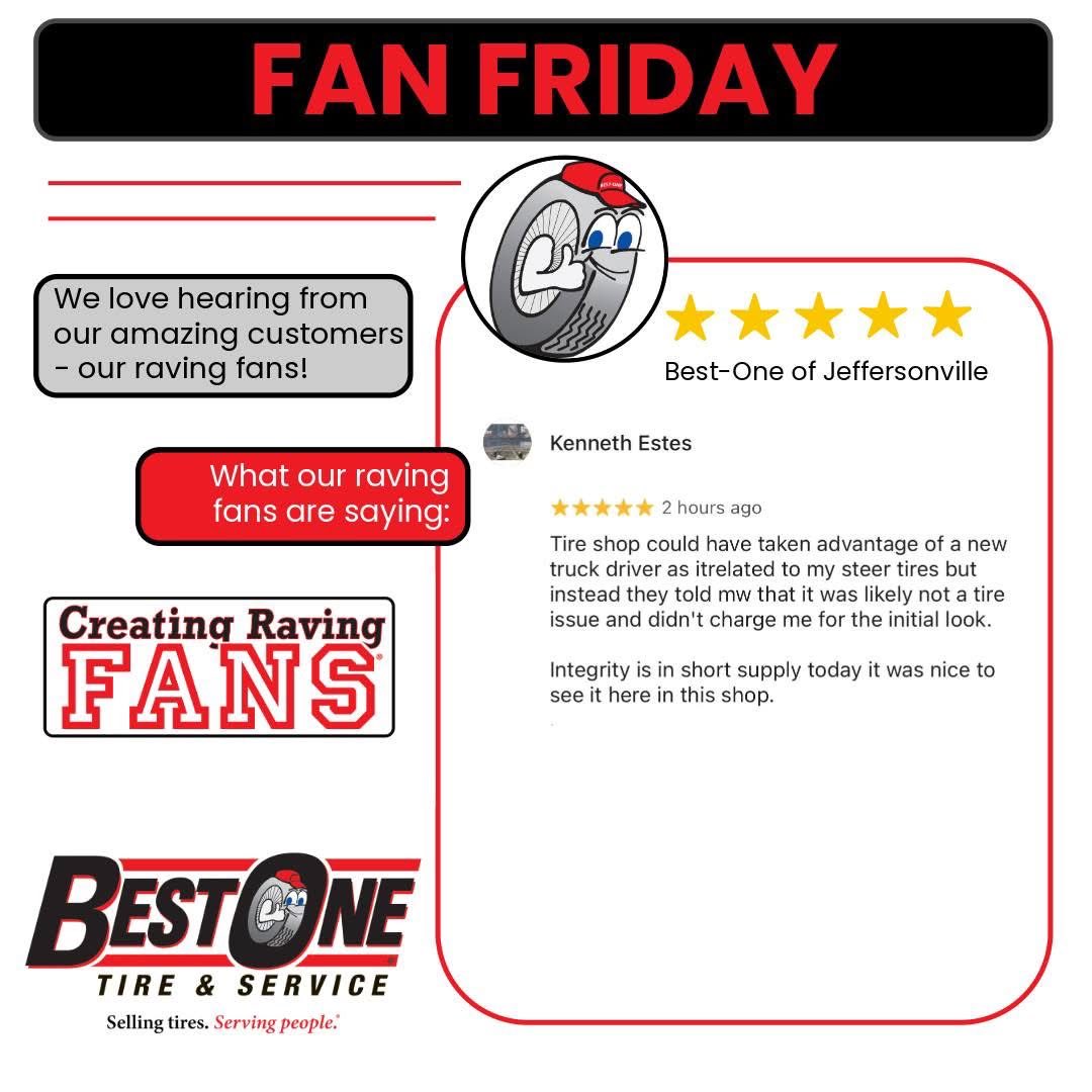 🤩FAN FRIDAY🤩One of our 4 Core Values - live with integrity, character and passion. Nice work Tony and Team Jeffersonville! Creating raving fans through raving experiences that lead to raving reviews.

#ravingfans #customers #reviews #fanfriday #wearebestone
